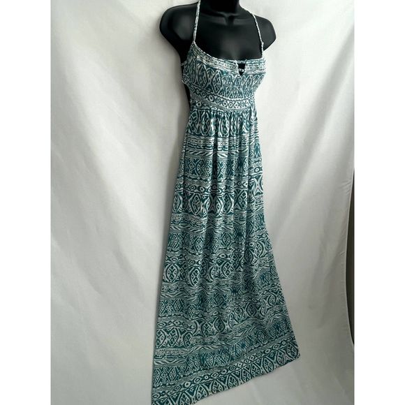 Boho Me NWT Maxi Woven Maxi Dress Teal White Smocked Top Open Back Size L - Picture 4 of 12